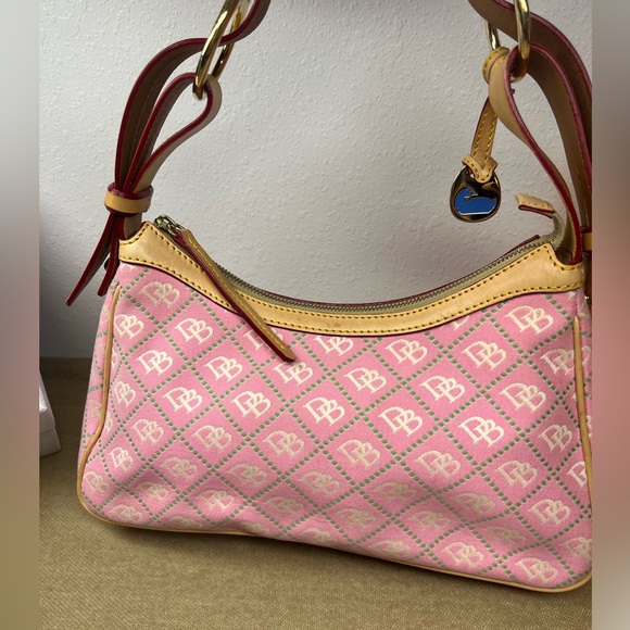 Dooney & Bourke Pink Monogram Canvas Handbag, Brown Leather Strap - Picture 5 of 7